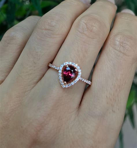 Teardrop 0.88ct Garnet Engagement Ring- Red Garnet Diamond Halo Ring ...