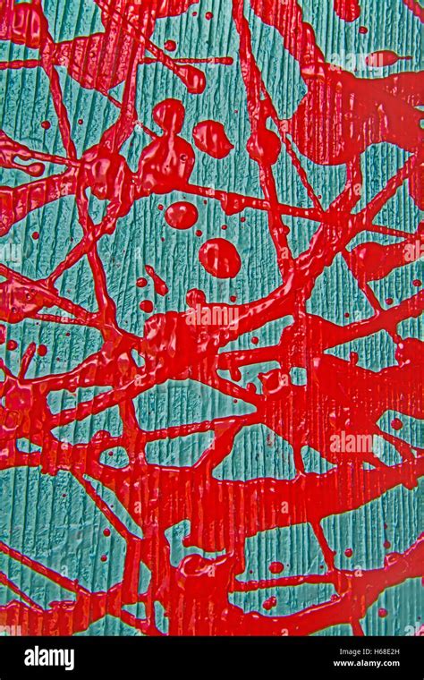 Red Paint Drips Detail Of Painting In Acrylic On Canvas With The