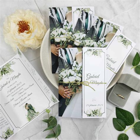 Invitatie Nunta Florala Verde Smarald Cu Snur Auriu Cod N