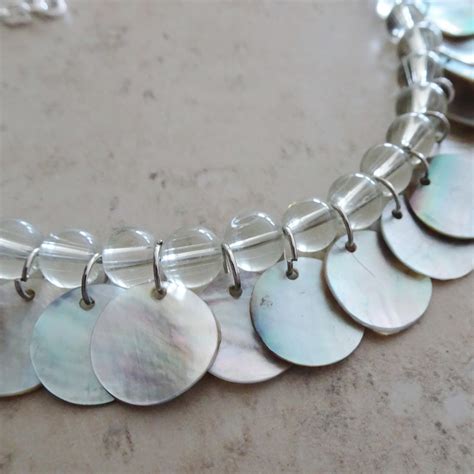 Mother Of Pearl Shell Bead Necklace Silver Chain Beaded Etsy