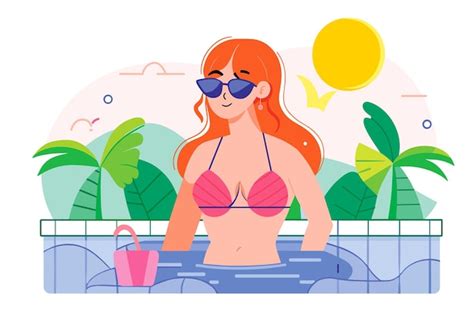 Premium Vector Flat Summer Vibrant Illustration With Woman In Bikini In A Swimming Pool