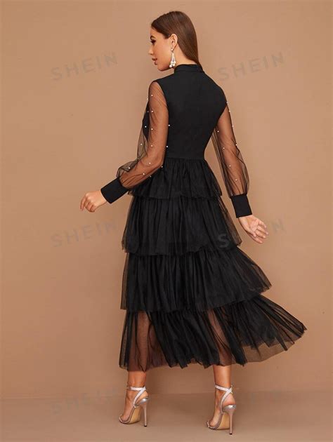 Shein Modely Pearls Beaded Sheer Sleeve Layered Mesh Hem Peekaboo Dress