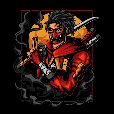 Illustration Of A Ninja Wearing An Oni Mask Holding A Katana On A Moon