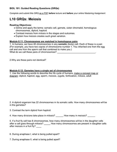 Lesson 10 GRQs Meiosis N A BIOL 101 Guided Reading Questions GRQs