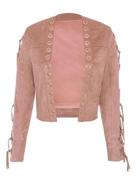 Hollow Lace Up Plus Size Womens Jacket Leather Jacket Style Pink