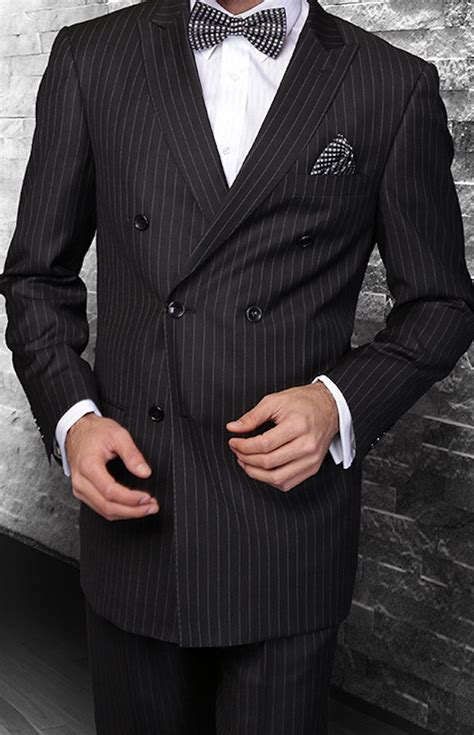 Mens Black Double Breasted Pinstripe Wool Designer Business Suit