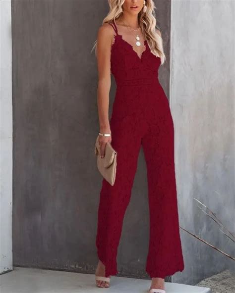 Slip Deep V Neck Lace Jumpsuit