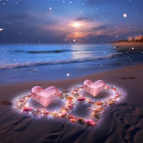 Dos Corazones En La Playa Con La Luna Detr S De Ellos Foto Premium