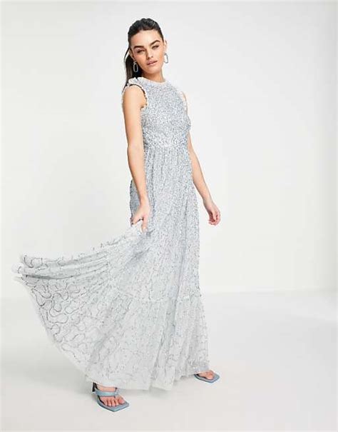 Maya All Over Embellished Maxi Dress With Lace Top In Ice Blue Asos