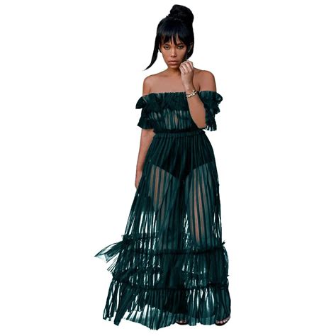 Women Sexy Long Dress Off Shoulder Slash Neck Sheer Mesh Striped Maxi Dress See Through Summer