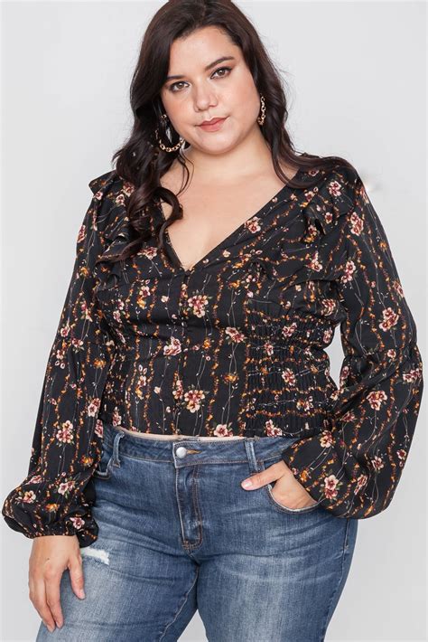 Plus Size Floral V Neck Ruffle Long Sleeve Top Just Viva Ruffle