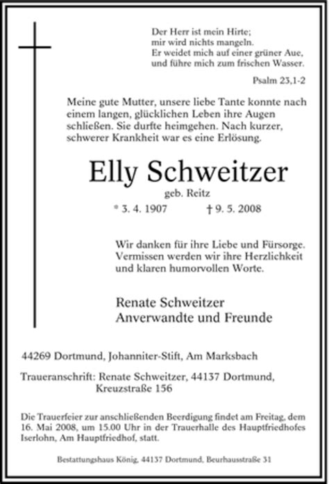 Traueranzeigen Von Elly Schweitzer Trauer In NRW De