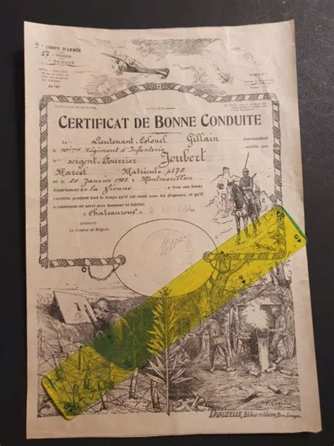 MILITARIA CERTIFICAT De Bonne Conduite 1924 Et Service Central De La