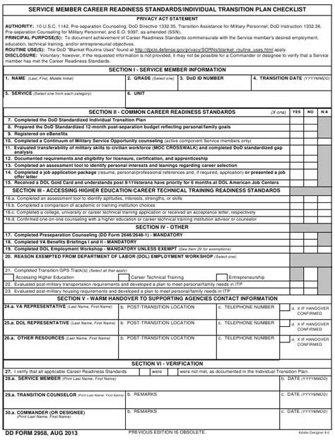 Dd Form 2958 Service Member Career Readiness Standardsindividual Transition Plan Checklist Is