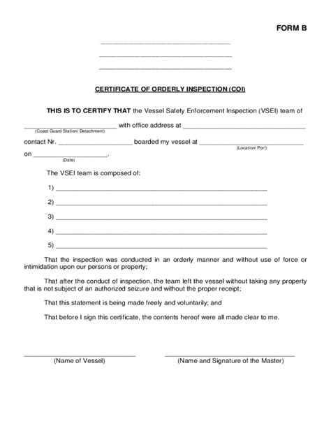 Fillable Online Form B Certificate Of Orderly Inspection DOC