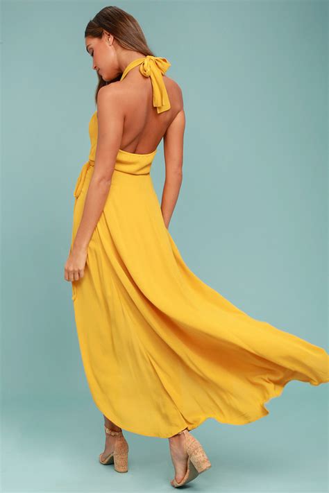 Golden Yellow Wrap Dress Halter Dress High Low Dress