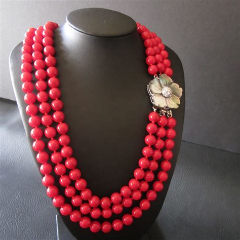 Vintage Red Bead Necklace Etsy