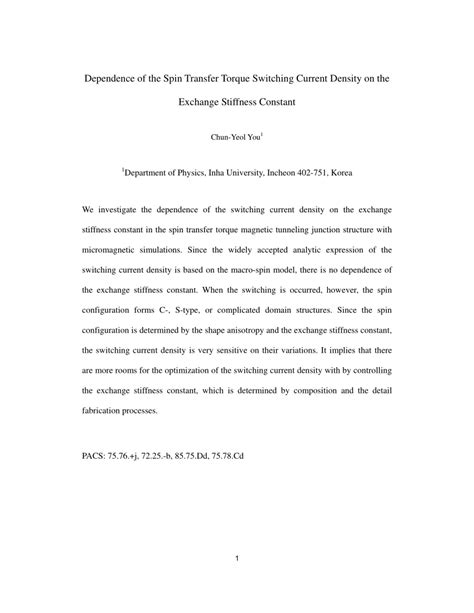 Pdf Dependence Of The Spin Transfer Torque Switching Current Density