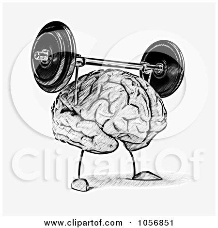 Cartoon Of A Black And White Strong Brain Mascot Lifting Dumbbells