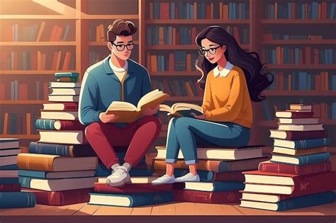 Premium Photo Man And Woman Characters Reading Books Flat People