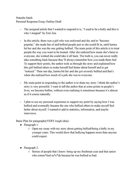 Personal Response Essay Outline Draft Natasha Satch Personal Response