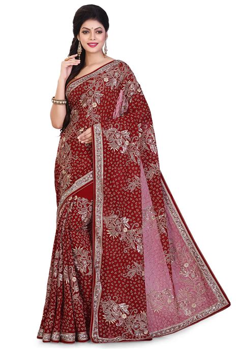 Buy Hand Embroidered Georgette Saree In Maroon Online SGA7998 Utsav