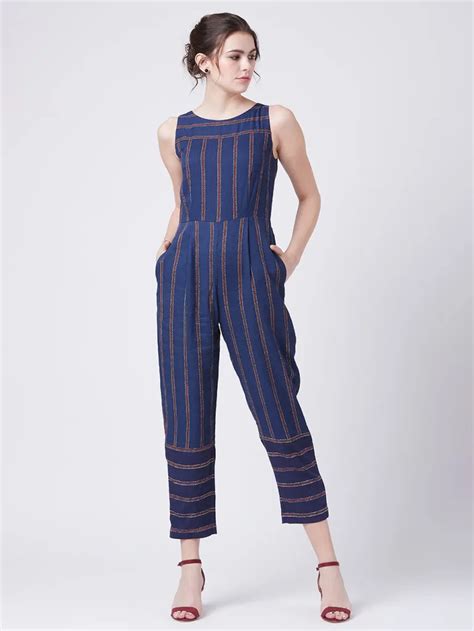 Buy Navy Blue Striped Rayon Jumpsuit Online At Theloom Blue Jumpsuits