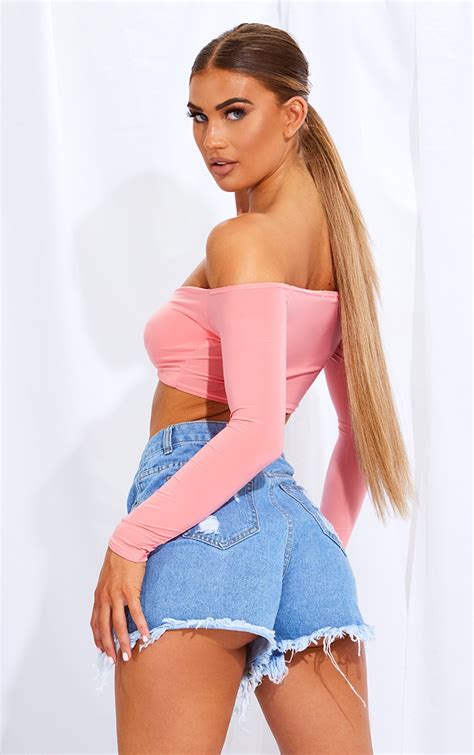 Pink Slinky Twist Front Bardot Crop Top Prettylittlething