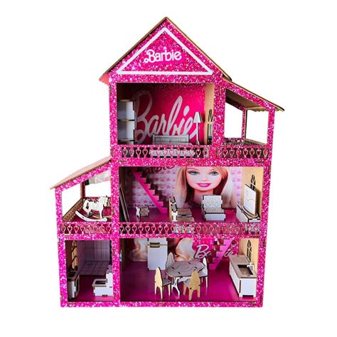 Casinha Boneca Barbie Casa Rosa Gliter M Veis Adesivada Mdf Shopee