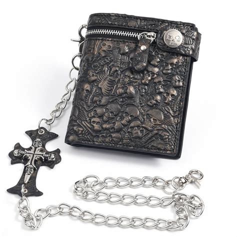 Gothic Skulls Embossed Bifold Chain Wallet Gthic