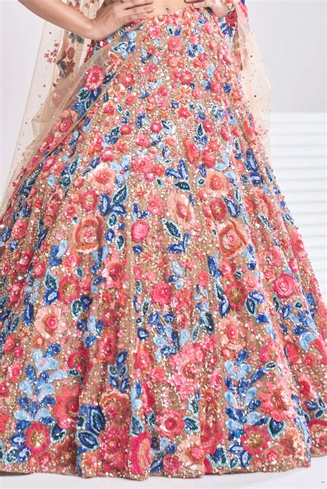 Multi Coloured Organza Floral Sequins Embroidered Bridal Lehenga Set By