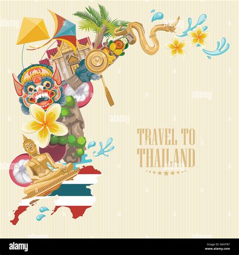 Travel Thailand Landmarks Thai Vector Icons Vacations Poster With Stock Vector Art