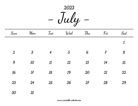 July Calendar Printable A Printable Calendar