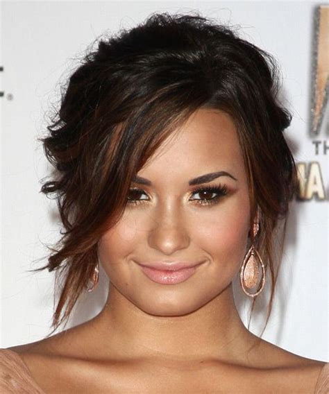 Demi Lovato Long Curly Dark Mocha Brunette Updo Hairstyle With Side