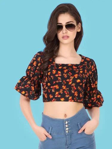 Polyester Floral Square Neck Puff Sleeve Crop Top Printed Black At Rs