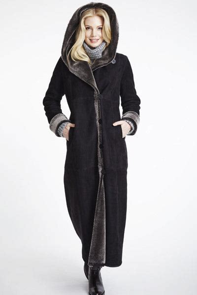 Full Length Large Collar Hooded Shearling Coat 4925 Blue Duck Shearling