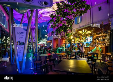 Street View Of Lighted Clarke Quay In Historic Riverside Quay Famous