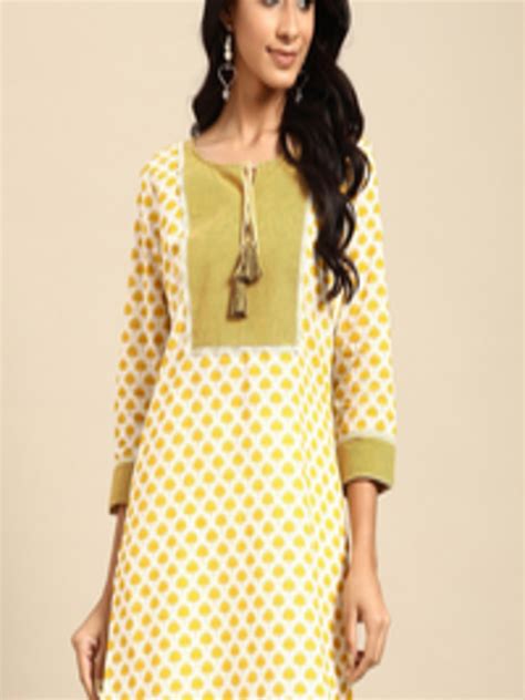 Buy RANGMAYEE Mustard Yellow Green Floral Printed Pure Cotton Kurti