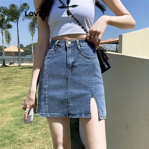 Lovito Women Casual Plain Button Zipper Split Front Denim Skirts