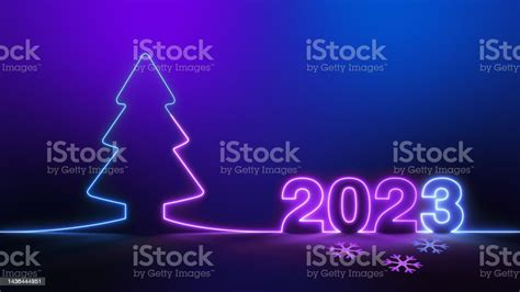 Glow Neon Light 2023 Christmas Tree On Dark Purple Blue Background