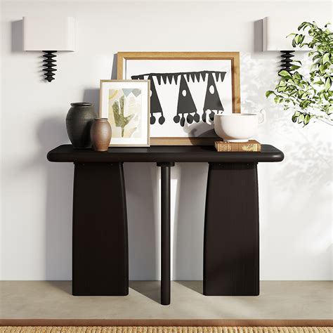 47 Narrow Wood Black Walnut Modern Console Table With Triple Pedestal