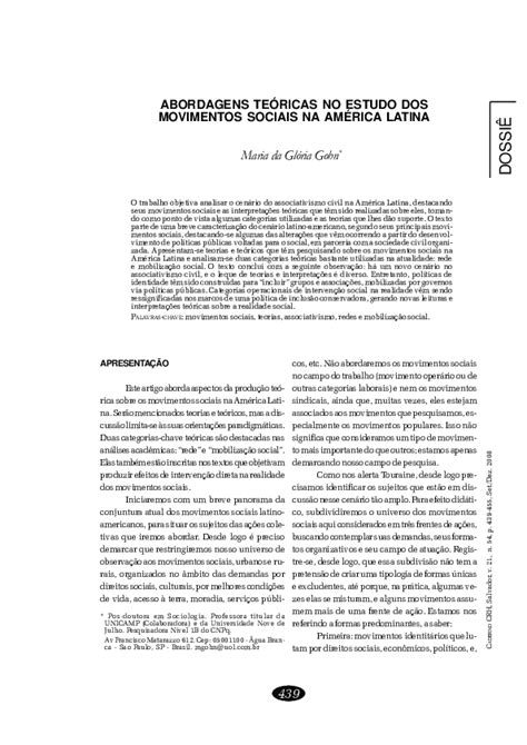 Pdf Abordagens Teóricas No Estudo Dos Movimentos Sociais Na América