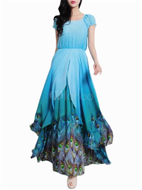 Blue Peacock Feather Print Chiffon Maxi Dress