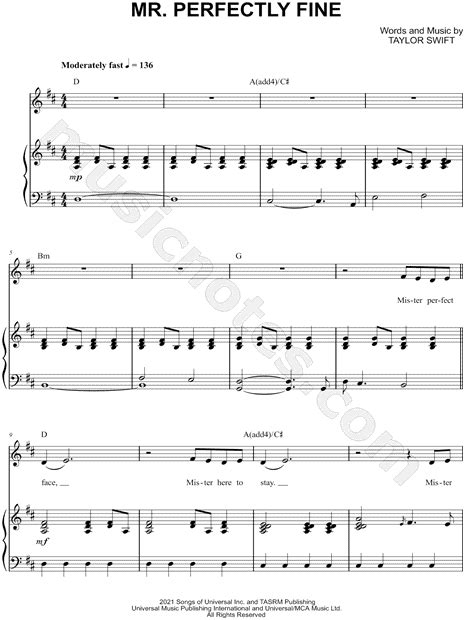 Taylor Swift Mr Perfectly Fine Sheet Music In D Major Transposable