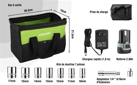 WORKPRO Clé à Cliquet Sans Fil 12V 3 8 55N m Charge Rapide en 1