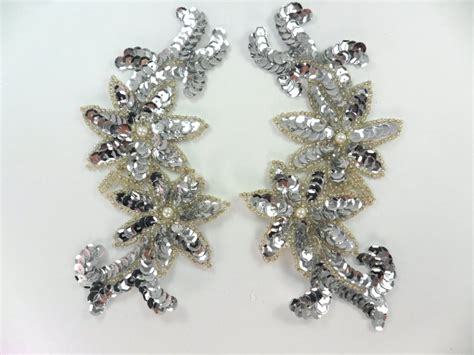 REDUCED Silver Floral Mirror Pair Beaded Sequin Appliques