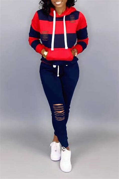 Lovely Casual Hooded Collar Hollow Out Red Two Piece Pants Set Moda