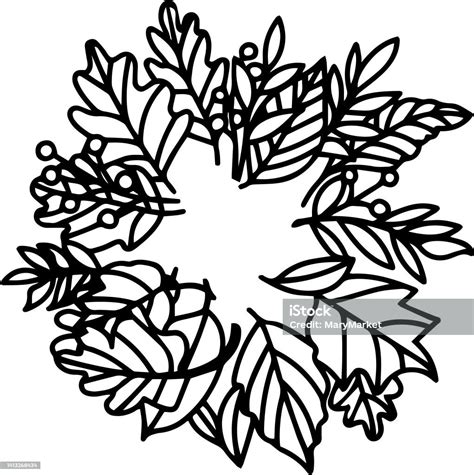 Autumn Leaf Wreath Vector Clip Art Black And White Stock Illustration - Download Image Now - iStock