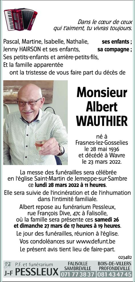 Avis De Décès De Albert Wauthier Décédé Le 23 03 2022 à Wavre Annonce