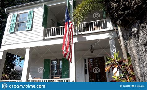 Typical Key West Houses With American Flag Key West Usa April 12